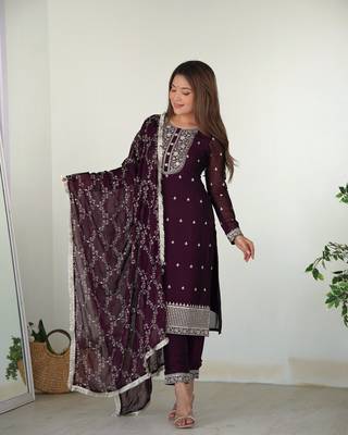 Pure Blooming Rangoli Silk Fabric Straight Fit Embroidery Work Wine Kurta With Dupatta And Trousers 2