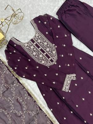 Pure Blooming Rangoli Silk Fabric Straight Fit Embroidery Work Wine Kurta With Dupatta And Trousers 6