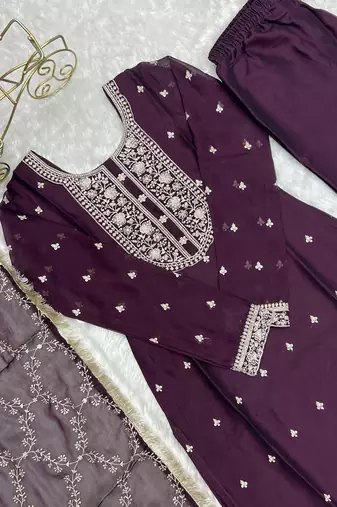 Pure Blooming Rangoli Silk Fabric Straight Fit Embroidery Work Wine Kurta With Dupatta And Trousers