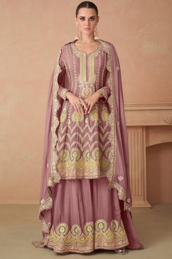 Onion pink chinon embroidered plazzo suit