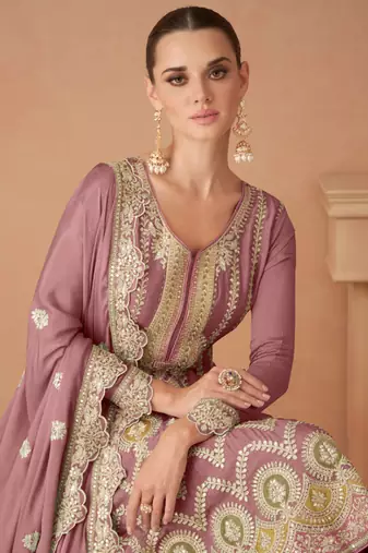Onion pink chinon embroidered palazzo suit