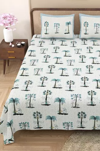 Cream pin tree printed 240 tc cotton king bedsheet with 2 pillow covers