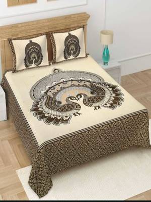 Cream & brown peacock printed 240 tc cotton king bedsheet with 2 pillow covers 1