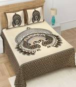 Cream & brown peacock printed 240 tc cotton king bedsheet with 2 pillow covers