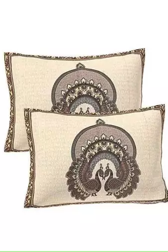 Cream & brown peacock printed 240 tc cotton king bedsheet with 2 pillow covers
