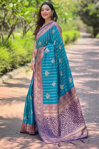 Rama soft silk contrast zari woven saree