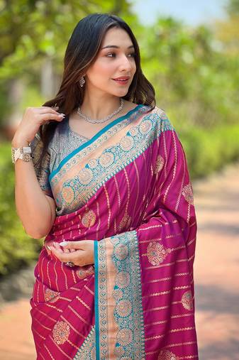 Magenta soft silk contrast zari woven saree