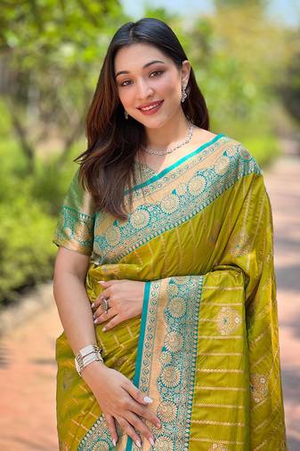 Mehendi green soft silk contrast zari woven saree