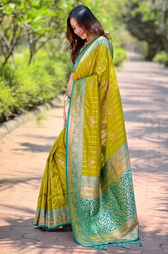 Mehendi green soft silk contrast zari woven saree