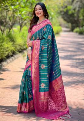 Green soft silk contrast zari woven saree 1