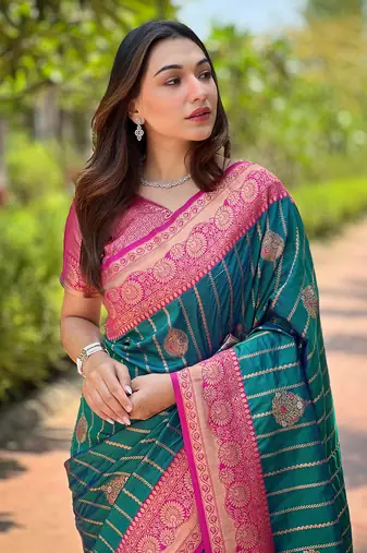 Green soft silk contrast zari woven saree
