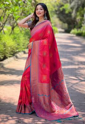 Pink soft silk contrast zari woven saree 1