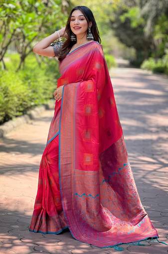 Pink soft silk contrast zari woven saree