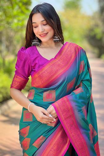 Green soft silk contrast zari woven saree