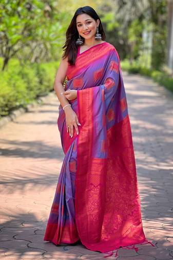 Lavender soft silk contrast zari woven saree