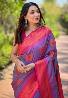 Lavender soft silk contrast zari woven saree 3
