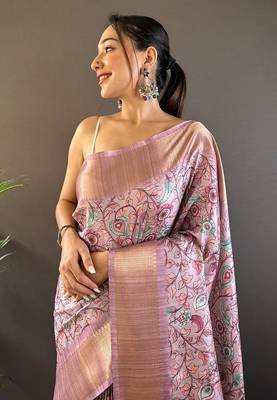 Lavender Silk Blend Madhubani Floral Printed Saree for Weddings & Occasions 2