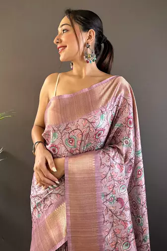 Lavender Silk Blend Madhubani Floral Printed Saree for Weddings & Occasions