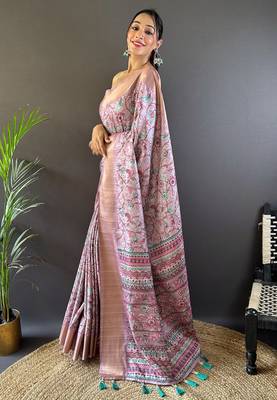 Lavender Silk Blend Madhubani Floral Printed Saree for Weddings & Occasions 3