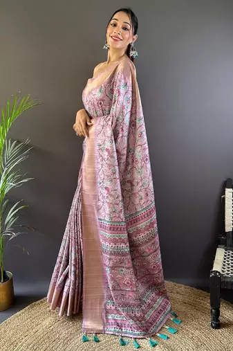 Lavender Silk Blend Madhubani Floral Printed Saree for Weddings & Occasions