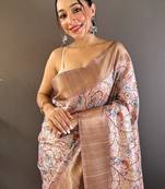 Baby pink assam silk kalamkari printed saree with zari woven border