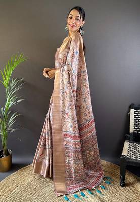 Baby pink assam silk kalamkari printed saree with zari woven border 3