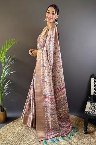 Baby pink assam silk kalamkari printed saree with zari woven border