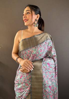 Sky assam silk kalamkari printed saree with zari woven border 1