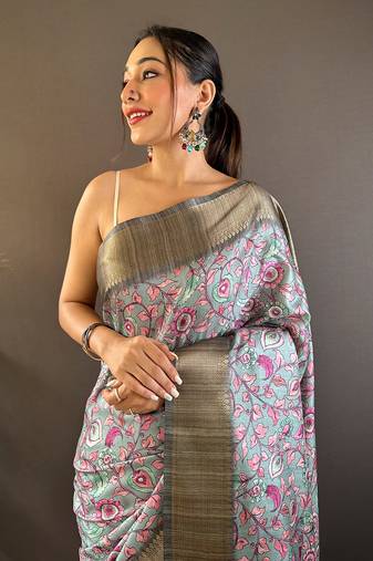 Sky assam silk kalamkari printed saree with zari woven border