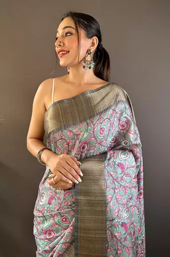 Sky assam silk kalamkari printed saree with zari woven border