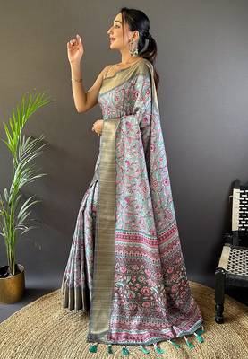 Sky assam silk kalamkari printed saree with zari woven border 3