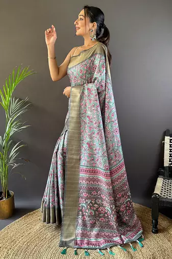 Sky assam silk kalamkari printed saree with zari woven border