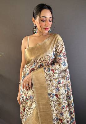 Chickoo assam silk kalamkari printed saree with zari woven border 2