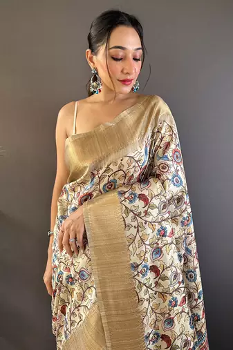 Chickoo assam silk kalamkari printed saree with zari woven border