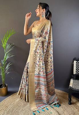 Chickoo assam silk kalamkari printed saree with zari woven border 3