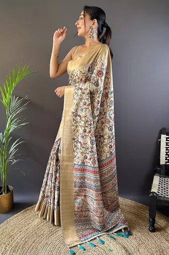 Chickoo assam silk kalamkari printed saree with zari woven border