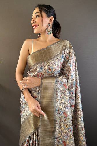 Grey assam silk kalamkari printed saree with zari woven border