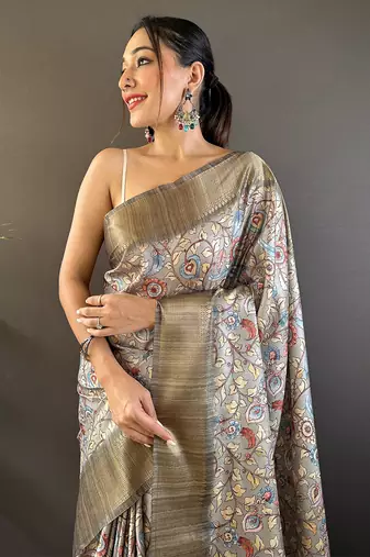 Grey assam silk kalamkari printed saree with zari woven border