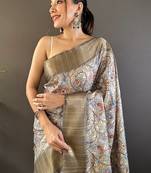 Grey assam silk kalamkari printed saree with zari woven border