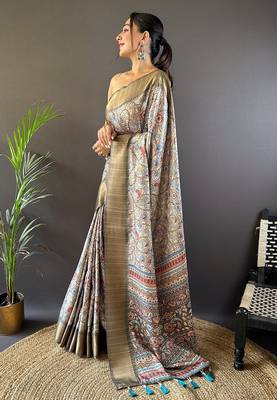 Grey assam silk kalamkari printed saree with zari woven border 3