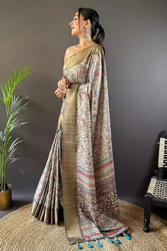 Grey assam silk kalamkari printed saree with zari woven border
