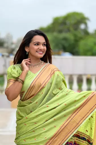 Pista checks paithani silk zari woven saree