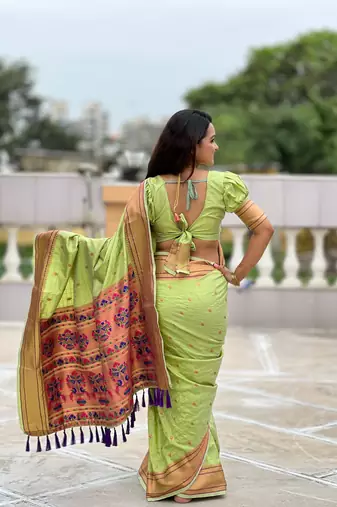 Pista checks paithani silk zari woven saree