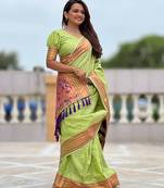 Pista checks paithani silk zari woven saree