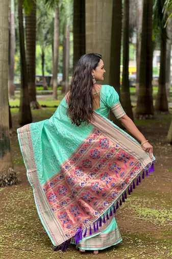 Sky checks paithani silk zari woven saree