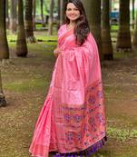 Pink checks paithani silk zari woven saree