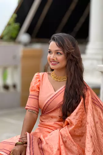 Peach checks paithani silk zari woven saree