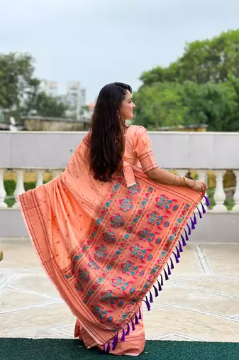 Peach checks paithani silk zari woven saree