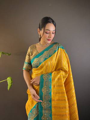 Yellow contrast zari woven silk saree with satin unique border 1