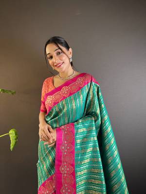 Green contrast zari woven silk saree with satin unique border 2